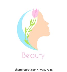 Woman's face in circular shape, female vector logo design template. Abstract design concept for beauty salon, massage, makeup, cosmetic and spa. 