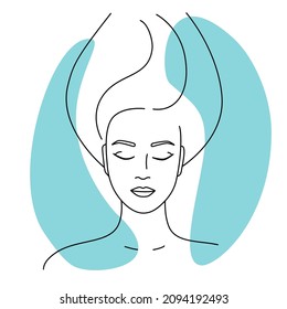 La cara de la mujer con los ojos cerrados al estilo minimalista. Ilustración de descanso, meditación, armonía, relajación en el agua. Vector de línea.