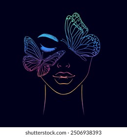 Woman's face with closed eyes.Butterflies on her face. Gradient colors.