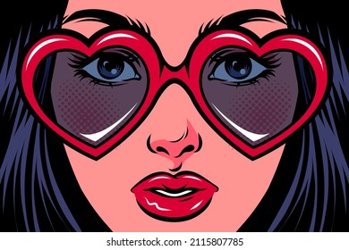 Woman's face close-up wearing heart-shaped glasses. Pop art comic vector illustration.