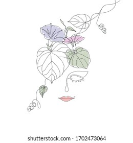 The Woman's Face continuous Line art. Morning Glory Flower Drawing Vector Portrait of a female. For Beauty Concept, t-Shirt Print, postcard, poster