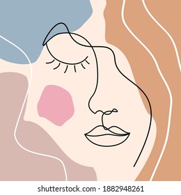 Woman's face. Continuous line art woman portrait. Abstract modern collage of pastel geometric shapes in a modern trendy style. Print for t-shirt, postcard, poster