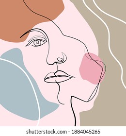 La cara de la mujer. Retrato continuo de la mujer de la línea de arte. Resumen de un collage moderno de formas geométricas en tonos pastel con un estilo moderno y moderno. Imprimir para camiseta, postal, afiche