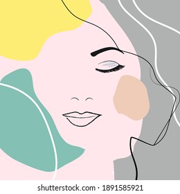 Woman's face. Continuous line art woman portrait. Abstract modern collage of pastel geometric shapes in a modern trendy style. Print for t-shirt, postcard, poster