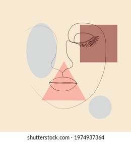 Woman's Face continuous Line art. Abstract Contemporary collage of geometric shapes in a modern trendy style. Decor Printable Art, Abstract Art Prints, Modern Wall Art