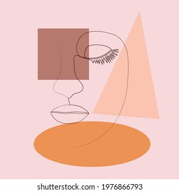 Woman's Face continuous Line art. Abstract Contemporary collage of geometric shapes in a modern trendy style. Decor Printable Art, Abstract Art Prints, Modern Wall Art