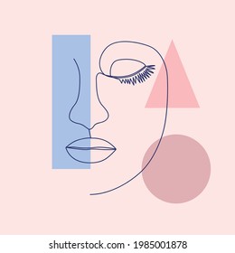 Woman's Face continuous Line art. Abstract Contemporary collage of geometric shapes in a modern trendy style. Decor Printable Art, Abstract Art Prints, Modern Wall Art