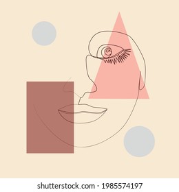 Woman's Face continuous Line art. Abstract Contemporary collage of geometric shapes in a modern trendy style. Decor Printable Art, Abstract Art Prints, Modern Wall Art
