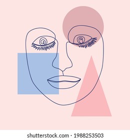 Woman's Face continuous Line art. Abstract Contemporary collage of geometric shapes in a modern trendy style. Decor Printable Art, Abstract Art Prints, Modern Wall Art