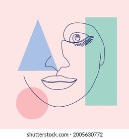 Woman's Face continuous Line art. Abstract Contemporary collage of geometric shapes in a modern trendy style. Decor Printable Art, Abstract Art Prints, Modern Wall Art