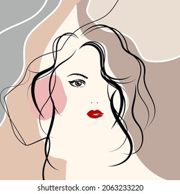 Woman's face. Continuous line art woman portrait. Abstract modern collage of pastel geometric shapes in a modern trendy style. Print for t-shirt, postcard, poster