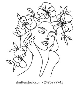 Woman's face in continuous line art, merged with flowers, maintaining simplicity and elegance.