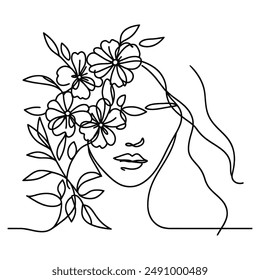 Woman's face in continuous line drawing, merged with leaves, highlighting gentleness and nature.