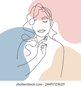 Woman's Face. Continuous line Portrait of a girl In a Modern Minimalist Style with color spots. Vector Illustration. For printing for textiles, on t-shirt, blogger's, beauty Salons, Posters, EPS 10