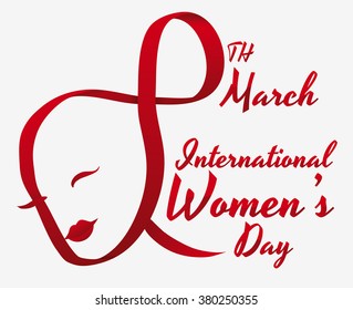 Woman's face contour made with red ribbons for International Women's Day celebration.