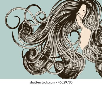 Woman's face with detailed flowing hair