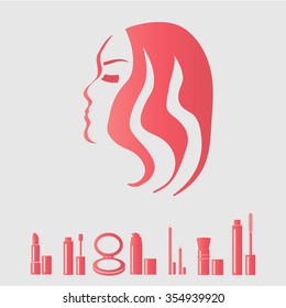  the woman's face and different cosmetics 