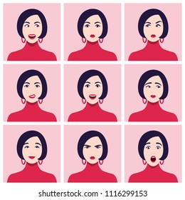 A woman's face. Different emotions and feelings. Set of portraits. Vector Flat Illustration