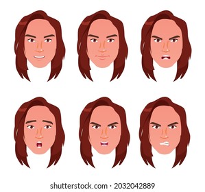 A woman's face with different expressions. Cheerful, serious, angry, surprised, irritated woman's face