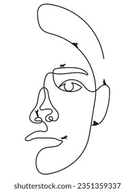 Woman's Face with Dogs in Minimal One Line Art Drawing. Abstract Beautiful Face with Dogs Playing