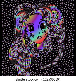 Woman's face, doodle, mosaic .Vector illustration, psychedelic pattern