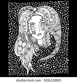 Woman's face, doodle, mosaic .Vector illustration, psychedelic pattern