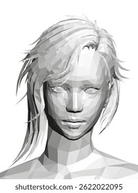 A woman's face is drawn in black and white. The hair is long and the eyes are open