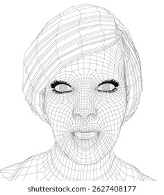 A woman's face is drawn in black and white with a creepy expression. The drawing is of a woman with a very thin face and long eyelashes. The eyes are drawn with a creepy, evil look