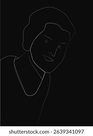 A woman's face is drawn in black and white. The woman is smiling and her eyes are closed