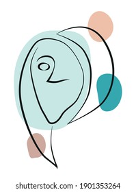 Cara de mujer dibujada con líneas de contorno, manchas de color abstractas, retrato de mujer con peinado asimétrico