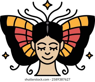 A woman's face is drawn on a butterfly