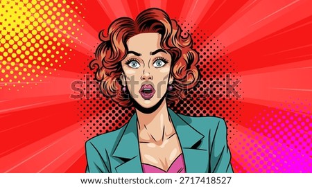 The woman's face expresses surprise. Pop art, retro comic.