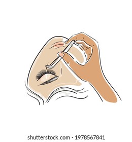 Woman's face. Eyelash Extension. Procedure for eyelash extension. Master tweezers add the false or fake cilia to the client. Logo.Stock vector illustration isolated on white background.