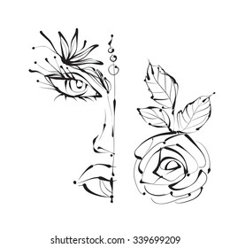 The woman's face, eyes, lips. Elegant vector illustration in the style of boho. Ideal for fashion design, booklet, cards, invitations.
