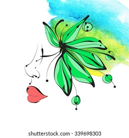 The woman's face, eyes, lips. Vector elegant illustration. Ideal for fashion design, booklet, postcards or invitations.