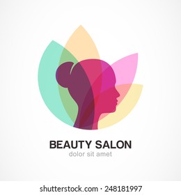 Woman's face in flower leaves. Abstract design concept for beauty salon, massage, cosmetic and spa. Vector logo design template. 