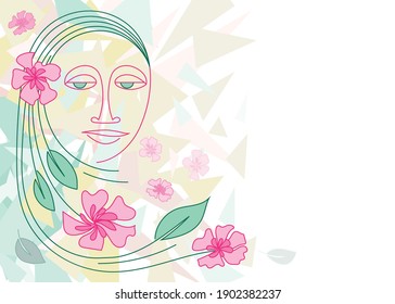 A woman's face, flowers, cherry leaves in an avant-garde style. The multi-colored image is highlighted by colored triangles. The background is white. There is room for text. Vector illustration.