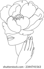 Woman's face with flowers, one line drawing art. Minimalist wall art. Without artificial intelligence.