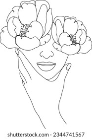 Woman's face with flowers, one line drawing art. Minimalist wall art. Without artificial intelligence.