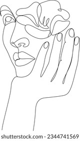 Woman's face with flowers, one line drawing art. Minimalist wall art. Without artificial intelligence.