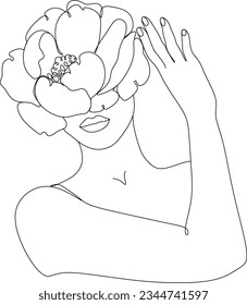 Woman's face with flowers, one line drawing art. Minimalist wall art. Without artificial intelligence.