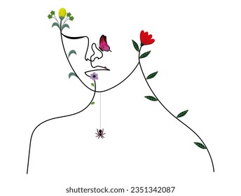 Woman's Face and Flowers  Plants   Insects Representing Nature in Minimal One Line Art Drawing