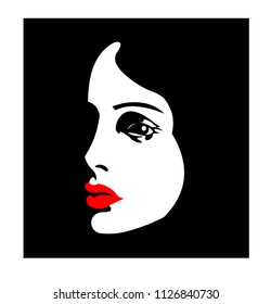 Woman's face with focus on bright red lips black vector illustration