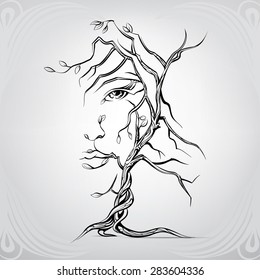 Woman's face in the form of a tree