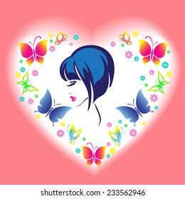 Woman's face in the frame in the shape of a heart with butterflies and flowers.