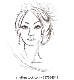a woman's face, hairstyle with flower, vector illustration