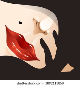 A woman's face, half hidden by a hat and a gloved hand. Portrait of a beautiful woman with a birthmark in the form of a heart. Vector illustration for design.