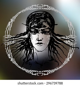 Woman's face.
Hand-drawn human form in an abstract decorative round frame.