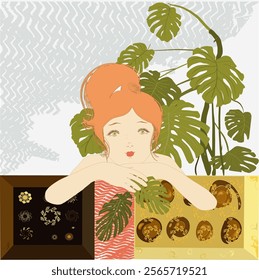 A woman's face and hands. She has green eyes and red hair. A box of jewelry and a box of chocolates. Monstera.