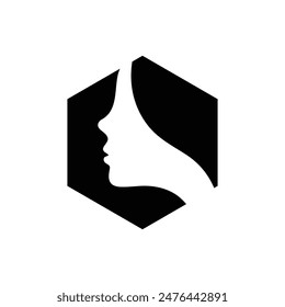 Woman's face in hexagon shape. Profile of the beautiful girl, set of vector logo design template. Abstract design concept for beauty salon, massage, cosmetic and spa.